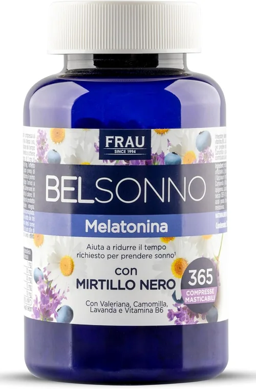 Barattolo di FRAU Bel Sonno Melatonina, 365 compresse masticabili al gusto mirtillo